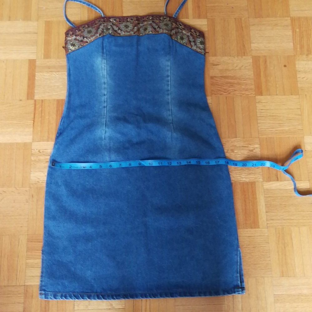 Vintage Blue Denim Slip Dress with Paisley Trim - Picture 8 of 10